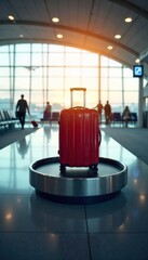 A lone suitcase sits on a baggage carousel in a bright, modern airport terminal, ready for its journey The image evokes the anticipation and excitement of air travel , airplane, carry-on, baggage