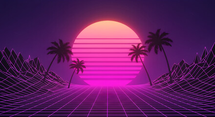 Fototapeta premium Retro Synthwave Landscape with Palm Trees and Wireframe Terrain
