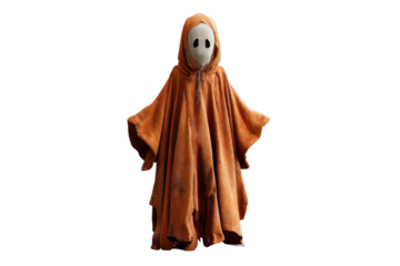 PNG Mysterious cloaked figure with white mask and orange hooded robe