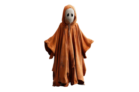 PNG Mysterious cloaked figure with white mask and orange hooded robe