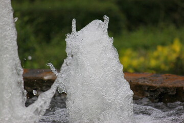 This image shows a fountain in the middle of a garden, with a backdrop of beautifully manicured...