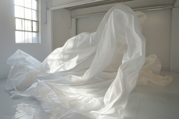 Sunlight illuminates a large white cloth flowing and swirling through a white room