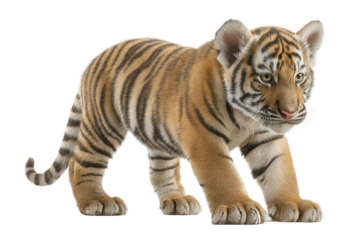PNG Adorable young bengal tiger cub with stripes and playful stance on white background