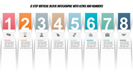 Vertical 8 Step Infographic Design with Color Blocks, Icons & Text Sections. Fully editable modern infographic vector elements SVG file compatible with PowerPoint.