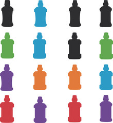 Mouthwash Bottle Vector Illustration Set, Colorful and Silhouette Oral Care Product Packaging, Diverse Containers for Personal Hygiene and Dental Health Concepts.