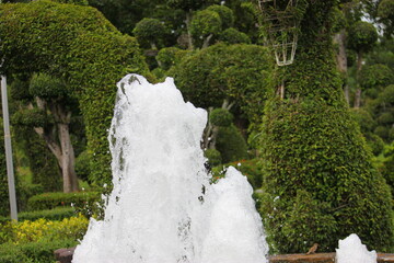 This image shows a fountain in the middle of a garden, with a backdrop of beautifully manicured...