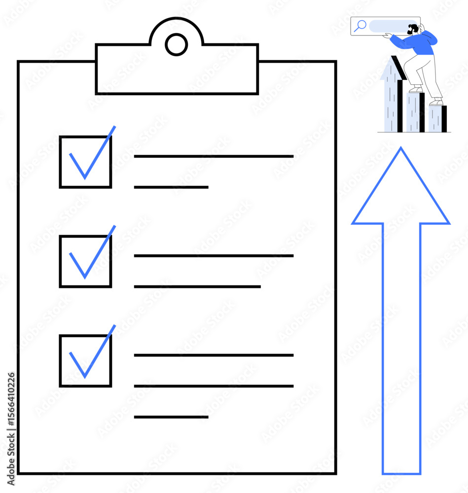 Poster large clipboard with checkmarks and a businessman analyzing bar graph growth with a magnifying glass
