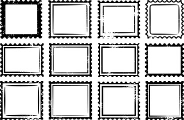 Stamp border frame collection, grunge postage edge, vintage mail template, black outline, vector set
