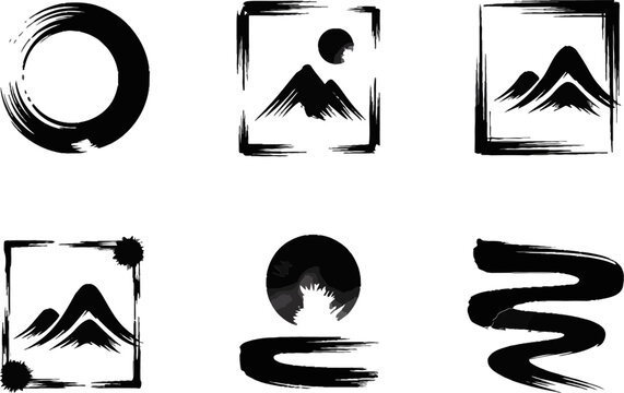 Japanese sumi-e brush frame set, abstract ink border, zen art template, minimalist asian design, vector collection