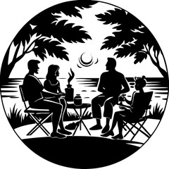Family Picnic at Sunset – Silhouettes Relaxing and Sharing a Meal Outdoors

