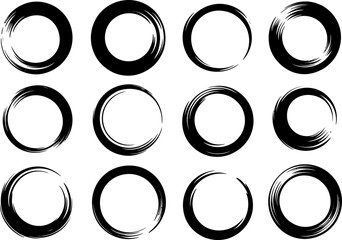 Hand drawn circle frame set, grunge ink border, abstract round template, brush stroke collection, vector