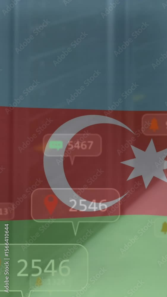 Poster animation of numbers and icon in notification bars over flag of azerbaijan against server room