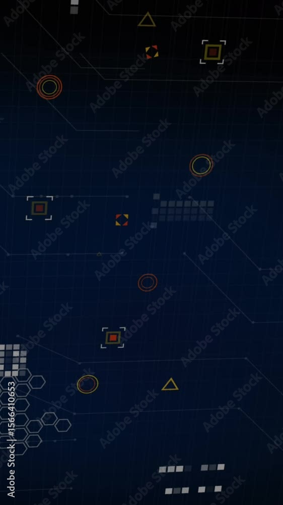 Poster animation of multiple lines and geometric symbols over data server rack