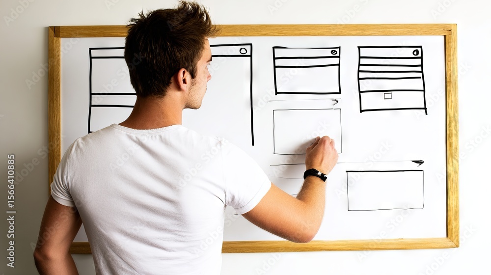 Poster young man in a white t-shirt sketches website wireframes on a whiteboard, showcasing design concepts