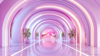 Futuristic 3D Pink and Purple Neon Light Tunnel, Abstract Cyberpunk Archway, Modern Curved Interior, Vibrant Glossy Gradient, Minimalistic Design, Artificial Landscape, Artistic Space, Futuristic Arch