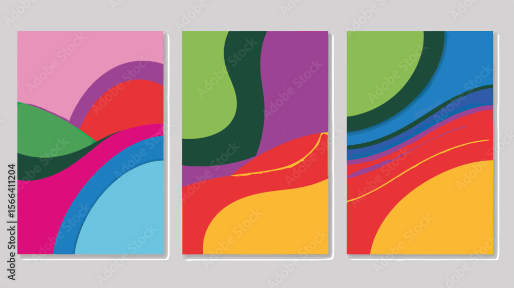 Poster three abstract art panels featuring colorful layered shapes in a contemporary style display format