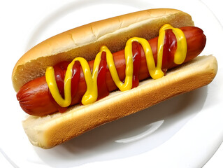 A single hot dog in a soft white bun topped with yellow mustard and red ketchup on a white plate