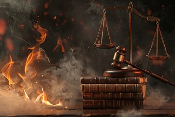 Sharp Picture of Justice Scales and Gavel with Fire and Smoke Background