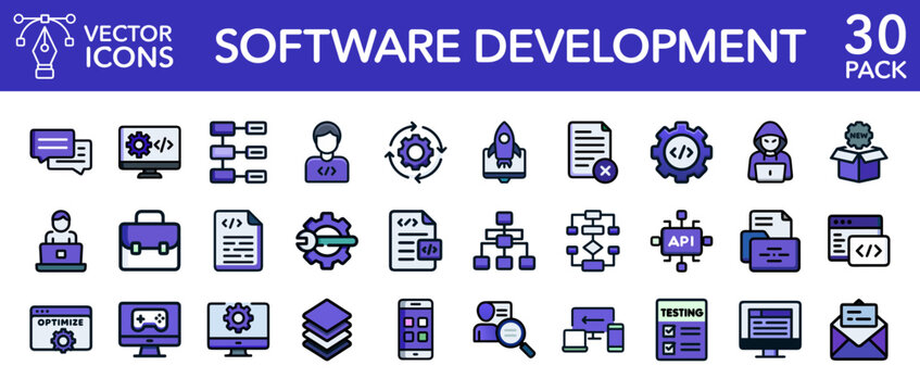 Software development coding web design programming vector line icons set