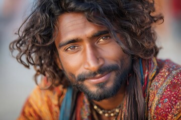 Portrait of smiling indian sadhu with long hair and beard wearing traditional clothes