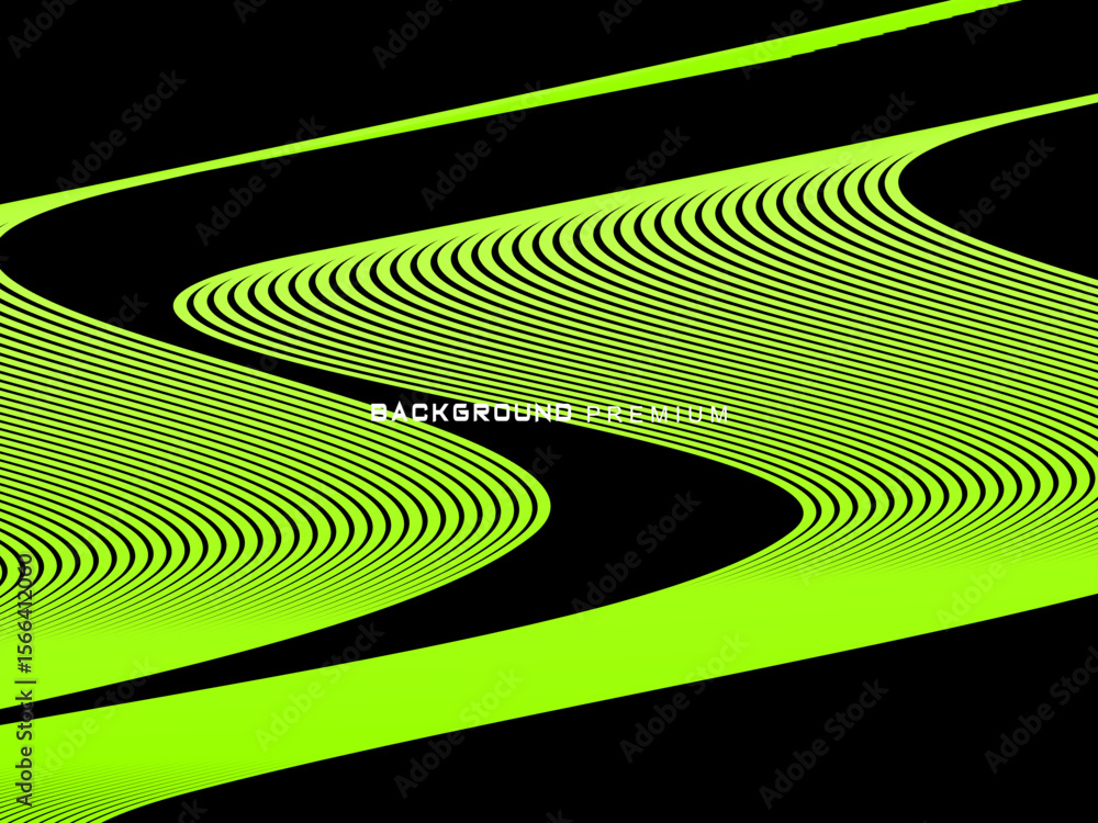 Fototapete background pattern of bright green neon stripes that curve and wavy dynamically on a black backgroun