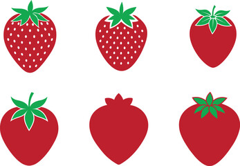 Collection of six red strawberries with green leaves on a white background