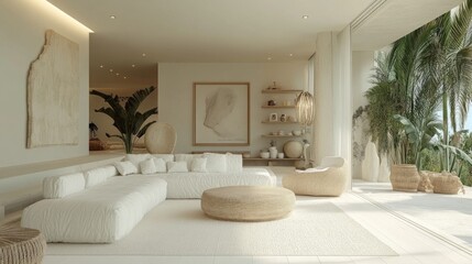 Modern living room with white sofas and green plants, light interior with large windows. Useful for design projects and interior design inspiration.