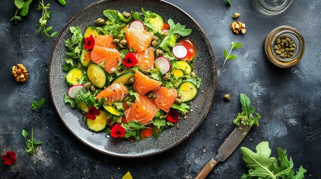 Fresh salad with salmon, avocado and greens garnished with flowers. Useful for cooking blogs and healthy eating advertisements. - Powered by Adobe