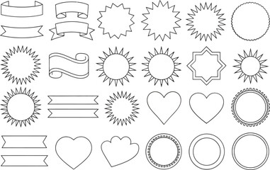 Badge and label shape set, sunburst, heart, star, ribbon, outline icon collection, vector design pack