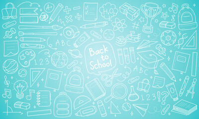 Fototapeta premium Hand drawn set of back to school doodles, vector pattern, background, line hand drawings, vector illustration, minimalist color.
