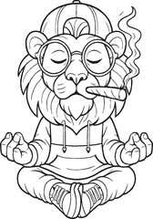 Zen Lion Smoking Cigar - Meditative Animal Cartoon Illustration"