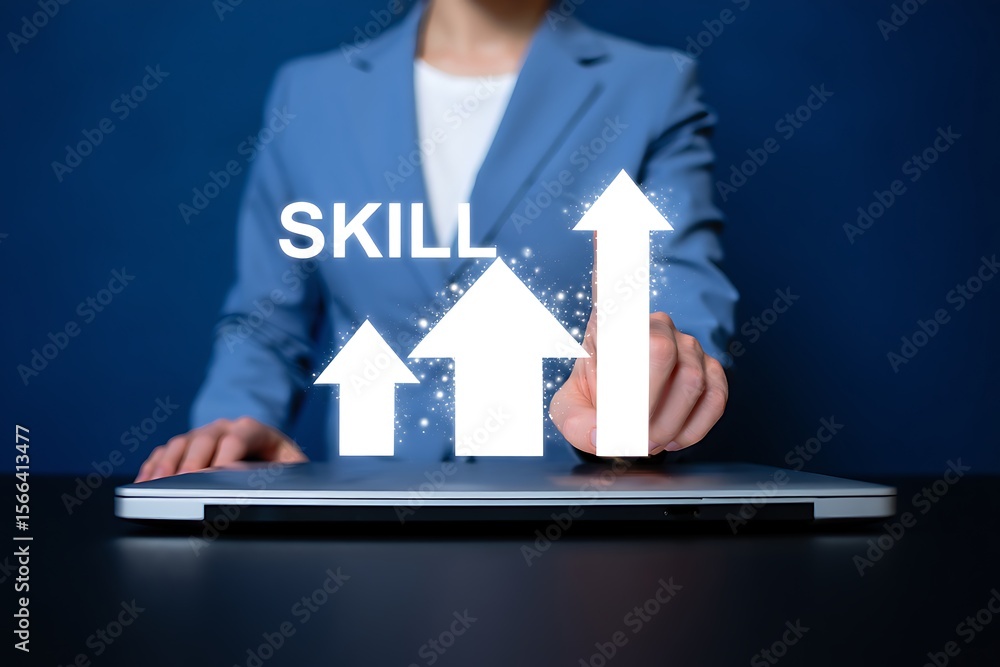 Poster business person touching a virtual screen displaying the word skill and three upward trending arrows