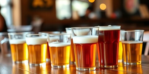 Several plastic cups filled with beer sit on a wooden table,  cold,  party