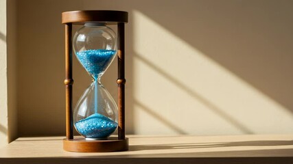Wooden framed hourglass with blue stones, ticking calmly, against a neutral wall backdrop - Powered by Adobe