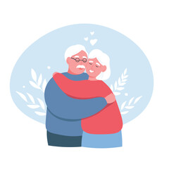 Elderly couple hugging, happy together. Gray-haired old man and old woman love each other, support. Vector flat graphics.