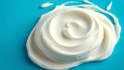 Thick white cream dollop, textured smear on vibrant blue backdrop, spread, clean