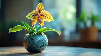 macro view of a striped Paphiopedilum