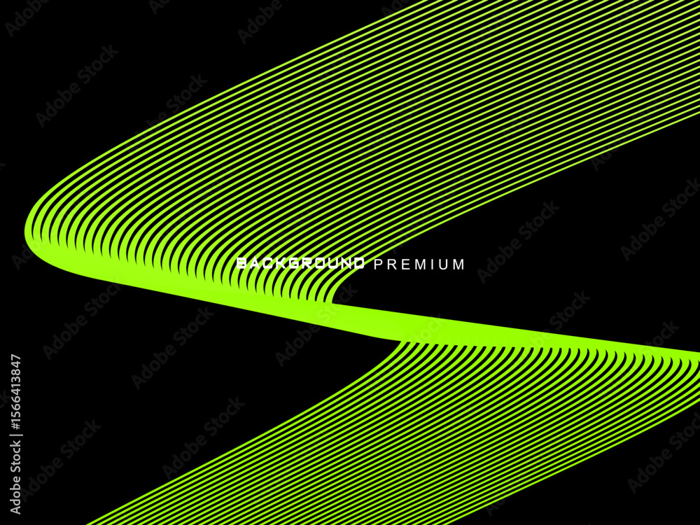 Fototapete background pattern of bright green neon stripes that curve and wavy dynamically on a black backgroun