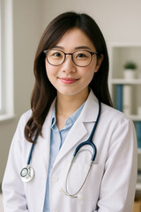 Portrait of a friendly female doctor wearing a white coat and glasses.