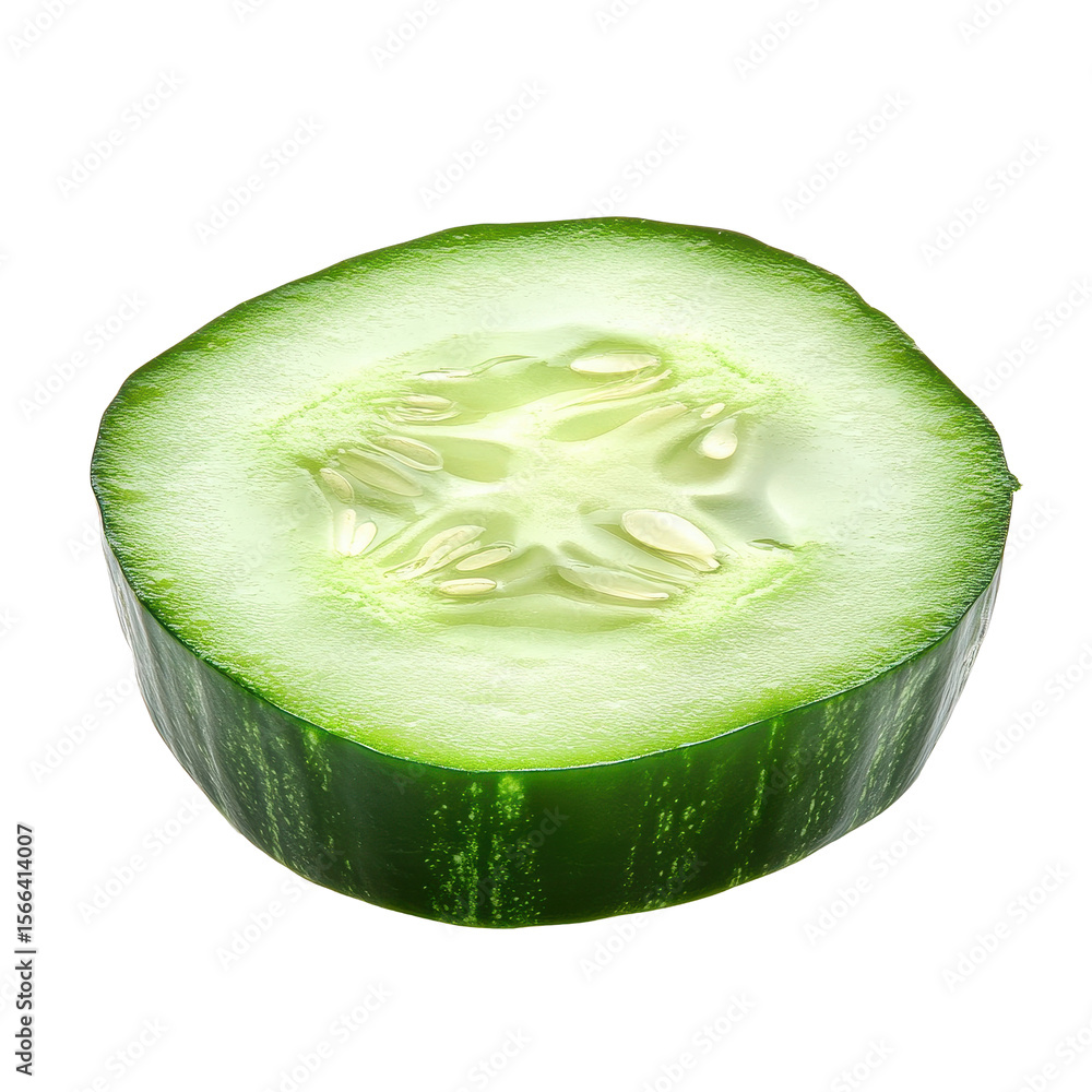 Poster fresh cucumber slice isolated on white background showcasing its vibrant green color and seeded inte