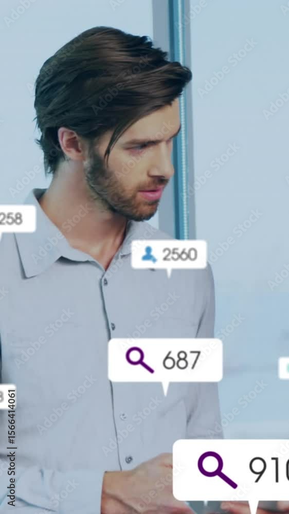 Poster animation of multiple notification bars over diverse coworkers discussing reports on digital tablet