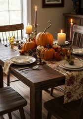 Rustic Thanksgiving Table Setting with Pumpkins and Candles