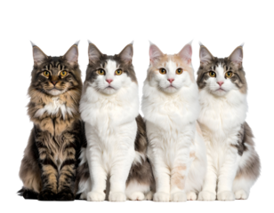 An impressive group of four fluffy cats with striking eyes gazing forward in unison.