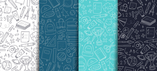 Hand drawn set of back to school doodles, vector pattern, background, line hand drawings, vector illustration, minimalist color. © AnK_studio