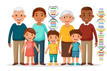 Happy multiethnic family with dna structure showing genetic inheritance