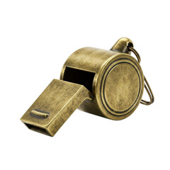 Antique brass whistle with patina finish on white background