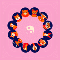 Set of Chinese zodiac mascots, cartoon character, 
Chinese horoscope zodiac collection,  geometric minimal flat design, symbol logo
