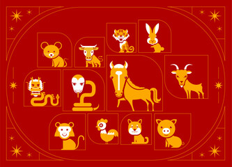 Set of Chinese zodiac mascots, cartoon character, 
Chinese horoscope zodiac collection,  geometric minimal flat design, symbol logo