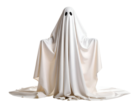 A classic white sheet ghost costume with dark eye openings creates a playful yet spooky Halloween vibe
