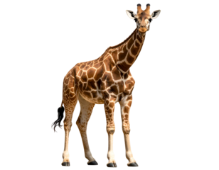 Graceful giraffe stands attentively, its long neck and patterned fur highlighted in a striking pose.